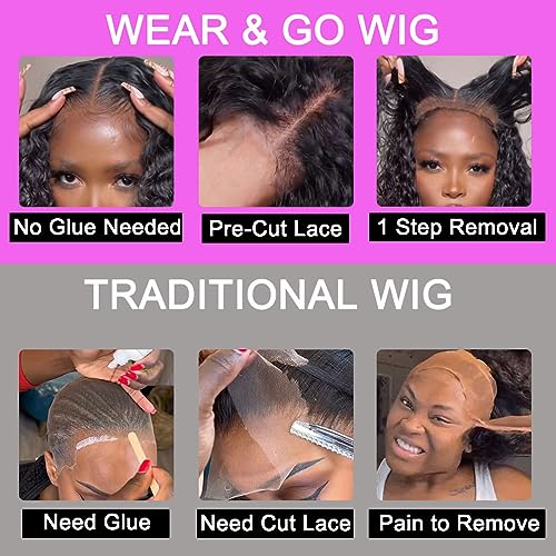 Wear and Go Glueless Wigs Human Hair Pre Plucked Pre Cut 4x4 Lace Front Wigs for Black Women Glueless Water Wave 180 Density Curly Bob Wig Human Hair for Beginners(16 Inch)