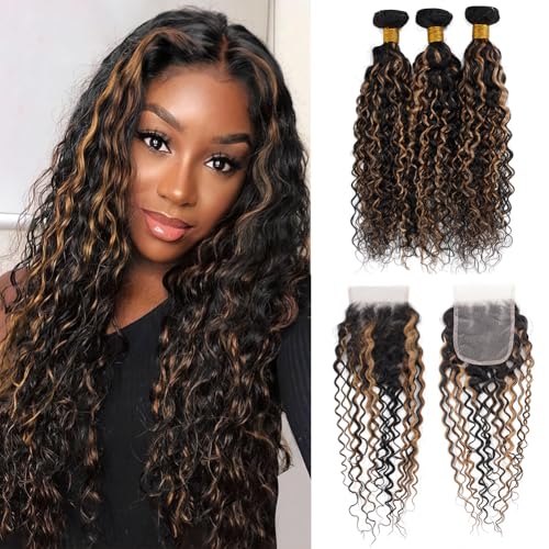 Highlight Water Wave Bundles with Closure Human Hair Honey Brown Balayage Curly Wave Human Hair Bundle 1B/27 Colored 3 Bundles with 4x4 HD Lace Closure Free Part (10 12 14+10)