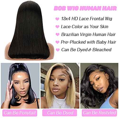 LICHANG 13x4 HD Lace Front Bob Wigs 14 Inch Straight Bob Wig Human Hair