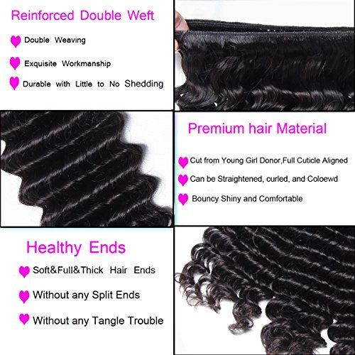UNICE Deep Wave Human Hair Weave 1 Bundle 20 inch Unprocessed Brazilian Virgin Human Hair Sew in Extensions Natural Black Color Can be Dyed and Bleached