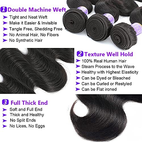 12A Grade Brazilian Body Wave Human Hair Weave Human Hair Bundles Brazilian Virgin Hair For African Americans Women 3 Bundles Total 300g/10.5oz 16 18 20inch