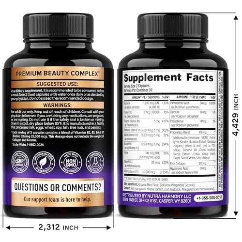 Biotin | Collagen | Hyaluronic Acid | Keratin - Clinically Tested Supplement - Hair Growth Support, Skin & Nails - 25000 mcg Vitamins B2, B3, B6 & B7 + B1 - Made in USA - Women & Men | 60 Capsules