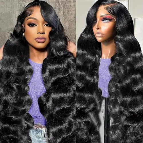 13x6 Lace Front Wigs Human Hair Pre Plucked, 180% Density Body Wave HD Transparent Lace Frontal Wigs with Baby Hair for Women, Glueless Wig, Natural Black, 22 Inch