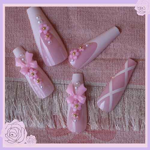 Pink Press On Nails with Nail Charms, press on nails medium for Girls, nail press ons for Women, square press on nails for her, press on nails kit Gel Like, Valentine's Day Gift,Pearl-24pcs