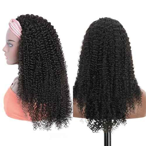 XSY Headband Wig Human Hair Kinky Curly 20 Inch Headband Wigs for Black Women Deep Curly Human Hair Wigs None Lace Front Wig 150% Density Natural Black Color