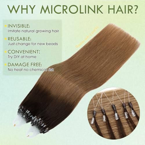 Hairro Microlinks Hair Extensions Real Human Hair Micro Ring Beads Remy Hair Extension Cold Fusion I Tip Loop Stick Hairpiece For Women 22 inch 50g 100 Strands #2T6 Dark Brown Ombre Light Brown