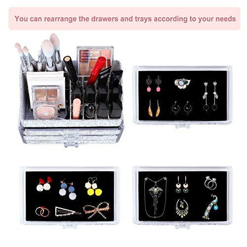 KEYPOWER Makeup Organizers Drawer Bling Diamond,Fashion Countertop Jewelry Cosmetic Storage Display Boxes,Makeup Brush Holder, Cosmetic Holder,2 Pieces Set(Purely Handmade)(White)