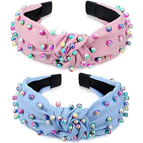 WILLBOND 2 Pieces Knotted Headbands Pearl Knotted Hairband Cross Knot Twisted Turban Accessories Easter Spring Birthday Gift for Women Girls(Pink, Blue)