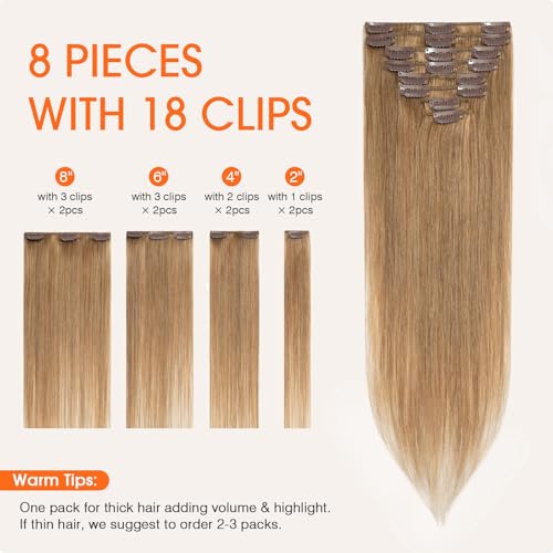 TESS Seamless Clip in Hair Extensions Human Hair Remy Clip ins Natural Soft Straight 8pcs 18Clips, 18 Inch, Light Brown