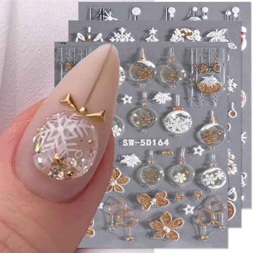 Christmas Nail Art Stickers Decals 5D Embossed Glitter Gold Xmas Nail Decals 3PCS Xmas Tree Lantern Ball Christmas Nails Adhesive Sticker Elk Snowflake Winter Manicure Supply for Nail Art Decorations