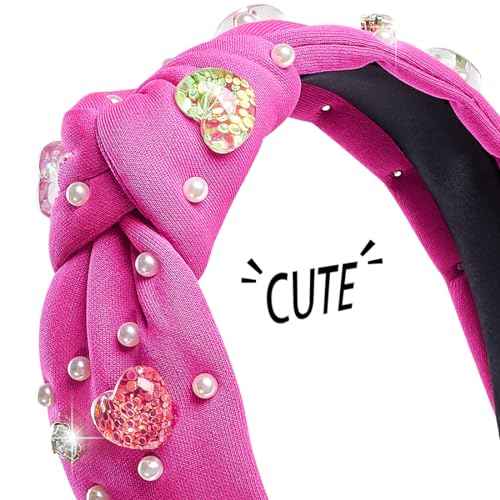 TANOSII Valentine¡¯s Day Knotted Headband for Women Wide Headbands Hair Accessories Jeweled Hairband Bling Heart Rhinestones Rose Red