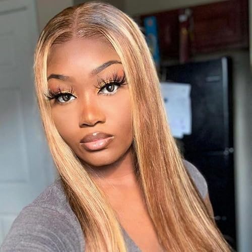 Straight Highlight Ombre Lace Front Wigs Human Hair 13x4 HD Transparent 4/27 Honey Blonde Lace Frontal Wigs Pre Plucked with Baby Hair 150% Density (22 inch, p4/27 Highlight)