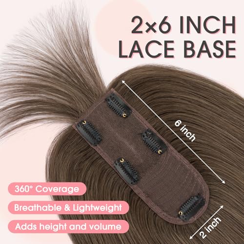 TESS Real Hair Toppers for Women Handmade Lace Base Womens Clip In Hairpieces with Bangs 5 Clips Natural Coverage Soft and Secure 2¡¿6", Dark Brown