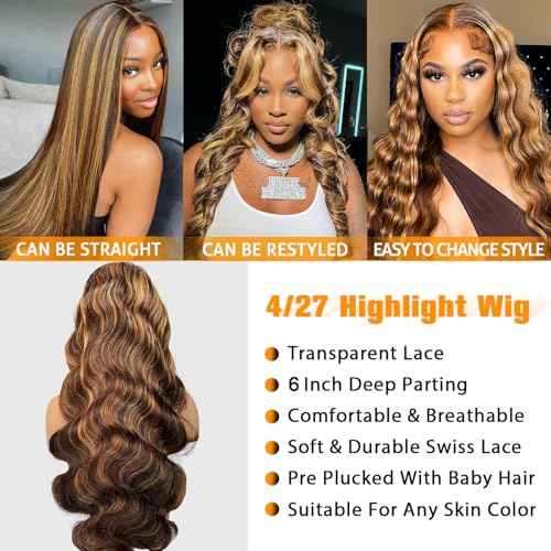 Highlight Ombre Lace Front Wigs Human Hair 13x6 Body Wave Frontal Wigs Pre Plucked With Baby Hair 180% Density 4/27 Colored Honey Blonde Wig Human Hair for Women 24 Inch