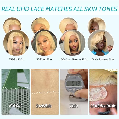 Blonde Bob Wig Human Hair, 613 Straight Bob Wig 100% Human Hair,Glueless 613 UHD Lace Front Wig Human Hair 13x4 Full Lace Wigs Human Hair Pre-Cut 10inch Blonde Brazilian Wig 200% Density