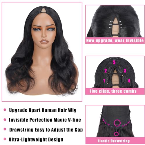 V Part Wig Human Hair Body Wave Upgrade Glueless Wigs Human Hair U part Vpart Human Hair Wig Beginner Friendly Real Hair wigs for Women 180% Density 20 Inch