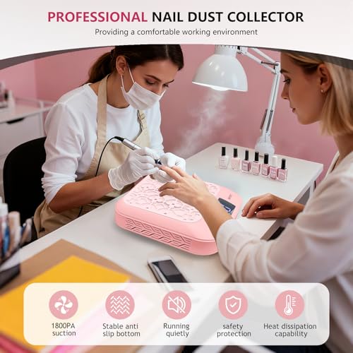 BETE Cordless Nail Dust Collector, Portable Vacuum Fan Vent Extractor with Powerful & Quiet Suction, Rechargeable Battery, LED Display for Acrylic Nails Polishing at Salon & Home, Pink