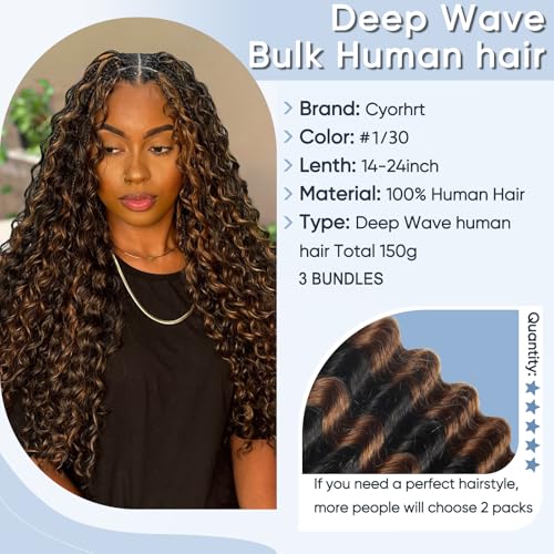 Human Braiding Hair for Boho Braids,150g 18 Inch 3 Bundles Ombre Deep Water Wave Bulk Boho Curly Human Hair Bundle for Braiding,1b/30 Highlight No Weft Wet and Wavy Knotless Braiding Hair Extensions