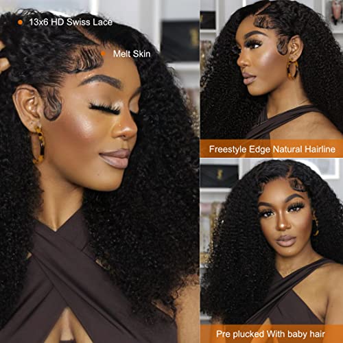 13x6 Kinky Curly Lace Front Wigs for Women Afro Kinky Curly Glueless Human Hair Wigs 180% Density Pre Plucked With Baby Hair HD Transparent 14Inch Kinky Curly Wigs
