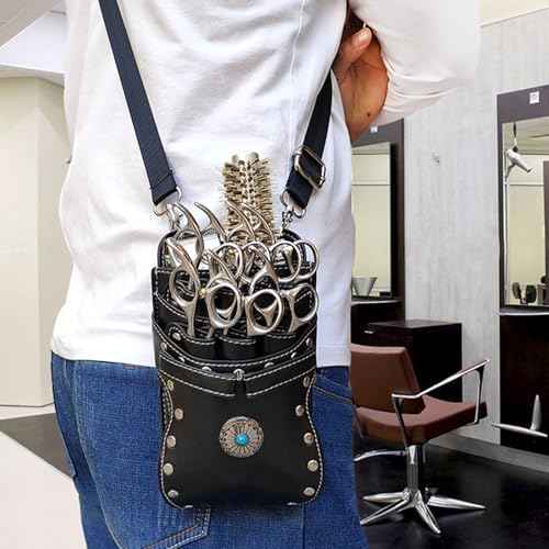 Hairdresser Waist Bag Shear Holder, 7-Slot Hairstylist PU Leather Barber Scissors Holster Pouch Tool Bag, Detachable Hair Cutting Organizer for Combs, Clippers, Spray Bottles (Pink)