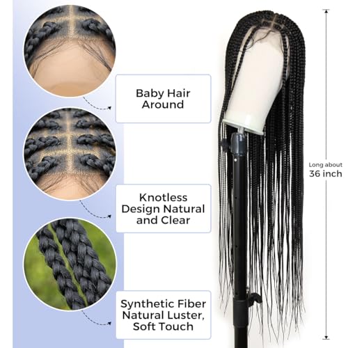 KRALER 36 inch Braided Wigs for Black Women, Knotless Box Braid Wig Full Double Lace Square Based Micro Box Braids Wig Pre Plucked with Baby Hair