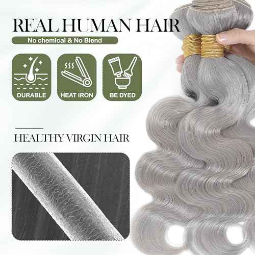 Grey 2 Bundles Human Hair Body Wave, 12A Soft and Thick 100% Unprocessed Remy Hair Lavender Silver Gray Human Hair Sew In Quick Weave Bundles Short Wavy Sew In Extension (14/14 Inch, 2PC)