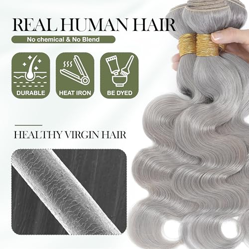 Silver Grey Body Wave Bundles Human Hair 20 Inch, Soft and Thick Short Single Bundle 100% Unprocessed 12A Remy Hair Lavender Gray Color Sew In Quick Weave Wavy Color