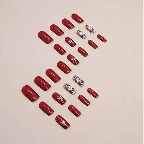 Christmas Press on Nails Long Square Fake Nails Red Nails Press ons with Snowman,Snowflake Designs Reusable Artificial Nail Full Cover Glossy Glue on Nails Stick on Nails for Women Manicure 24 Pcs