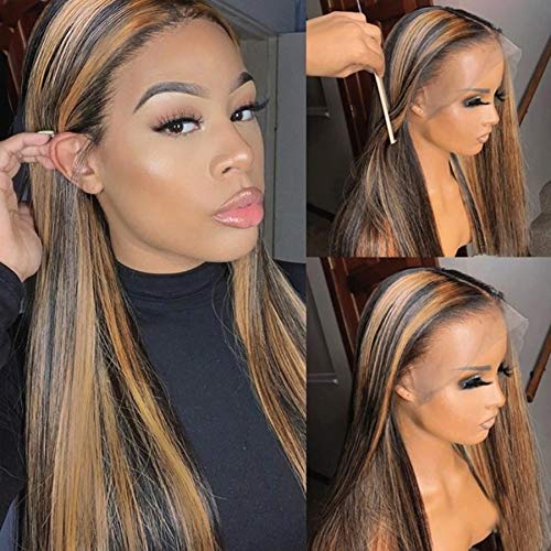 Smartinnov Dart Roots Brown Highlight Wig Ombre Blonde Human Hair Natural Black Mixed Medium Brown Highlights 13x4 Lace Front Pre Plucked with Baby Hair Silky Straight 16" 150% Bleached Knots Wigs