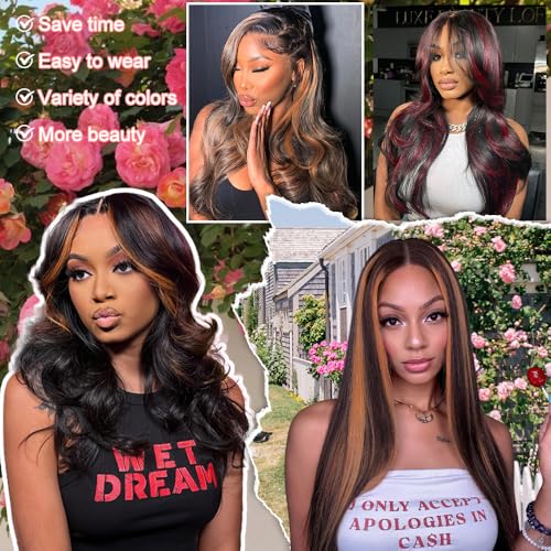 28 Inch Ombre Highlight Lace Front Wig Human Hair 200 Density Ombre Glueless Wigs Human Hair Pre Plucked Pre Cut 7x5 Hd 1b/30 Skunk Stripe Body Wave Balayage Highlighted Wig Human Hair for Women