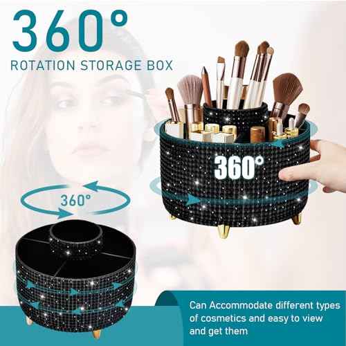 Diesisa Bling Diamond 360¡Æ Makeup Brush Holder Organizer, Rotating Makeup Brush Organizer,5 Slot Make up Brushes Cup for Cosmetics, Vanity Desktop Organizer, Gift for Women Teen Girls- Diamond Black