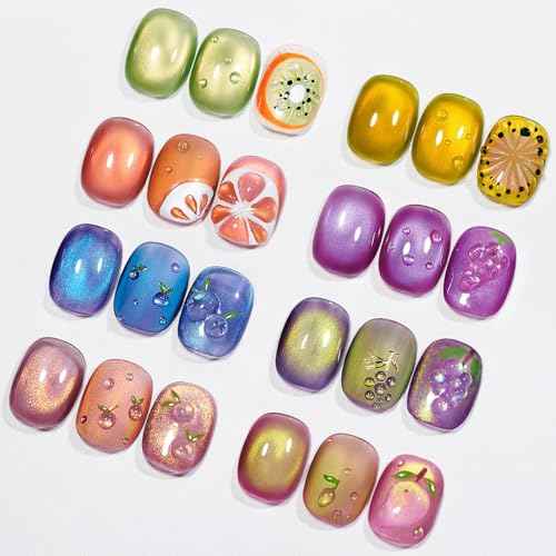 MIZHSE Cat Eye Gel Nail Polish, Fruit Colors Magnetic Gel Polish Set with Magnet, Neon Cateye Effect Green Purple Yellow Soak Off Nail Art Manicure Home Gift for Ladies