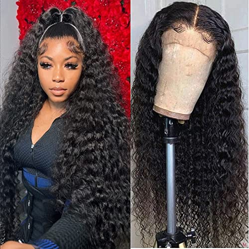 Deep Wave Lace Front Wigs Human Hair 180% Density Curly Wig 13x4 Lace Frontal Wet and Wavy Wigs for Black Women with Baby Hair and Special Designed Adjustable Straps 24 Inch