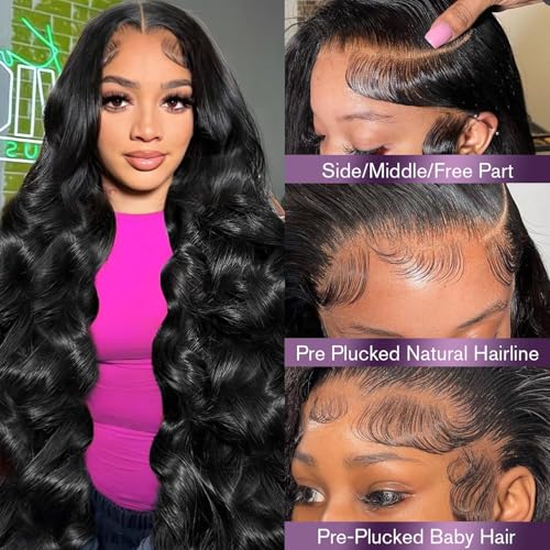 26 Inch 13x6 Body Wave Lace Front Wigs Human Hair 180 Density HD Lace Frontal Wigs Human Hair Pre Plucked Human hair Wig for Women Natural Black