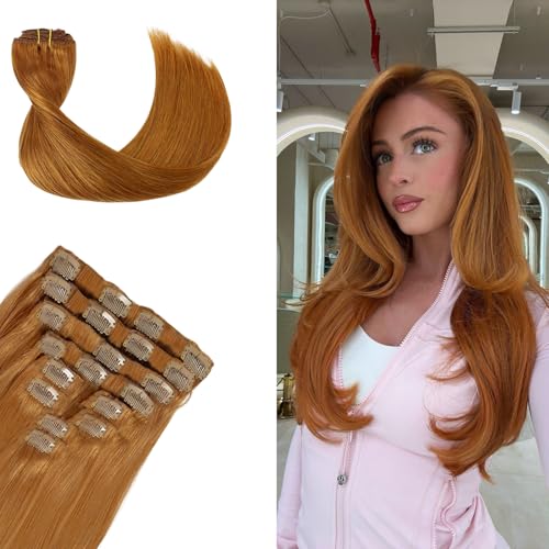 Remy Hair Extensions clip ins Hair Etensions for Women #30 Light Brown Double Weft Natural Hair Extensions Straight 8Pcs Soft and Thick 18inch 90g