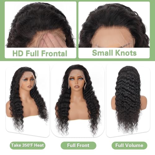 26 Inch Deep Wave Lace Front Wigs Human Hair, 13x4 HD Curly Lace Front Human Hair Wet Wavy Waterwave Glueless Frontal Deep Wave Wig for Women, Pre Plucked, 180 Density, Average Cap, Tangle Free