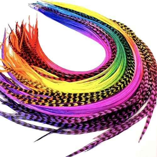 21 Rainbow Tie Dye Color Hair Extensions ? 9¡±?14¡± Long ? DIY Rooster Kit with 20 Micro-Link Beads ? 100% Real Feathers ? Eye-Catching Boho Style