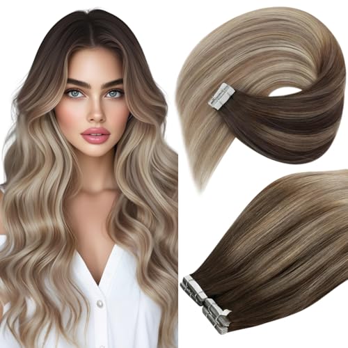 Ve Sunny Human Hair Tape in Extensions 22 Inch Invisible Hair Extensions Tape in Remy Human Hair Dark Brown Ombre Golden Blonde Balayage Platinum Blonde Tape in Hair Extensions Seamless 20Pcs 50g