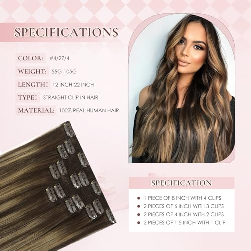 18 Inch Invisible Clip in Real Human Hair Extensions,Balayage Chocolate Brown to Caramel Blonde,85 Gram 7 Pieces With 16 Clips,Remy Thick Straight Hair, No Slip, No Shedding