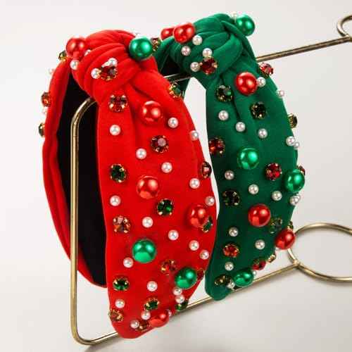 Christmas Headband for Women Red Green Pearl Rhinestone Crystal Jeweled Hairband Fashion Elegant Ladies Wide Knot Head Band Christmas Holiday Party Outfit Gifts