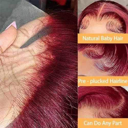 Burgundy Lace Front Wigs Human Hair 99j 13X4 Body Wave Lace Front Wigs 180% Density 100% Brazilian Human Virgin Hair Glueless HD Red Wigs Pre Plucked with Bleached Knots Natural Hairline (26inch)