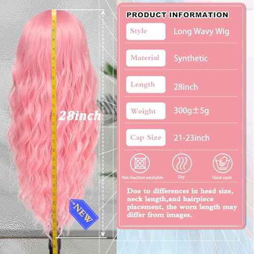 Cosplay Long Pink Wig 28 Inch Middle Part Synthetic Wig Realistic Gifts Party Wigs for Women Daily Use Colorful Wigs (Pink)