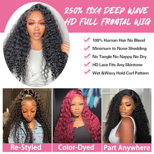 250 Density Deep Wave Lace Front Wigs Human Hair Curly Wig Wet and Wavy Lace Front Wigs Pre Plucked Frontal Wigs 22 Inch 100% Real Human Hair No Synthetic No Tangle No Shedding Triple Lifespan 3X