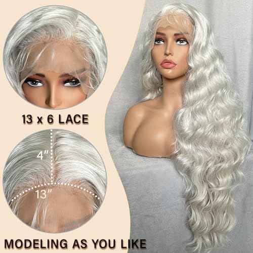 SOKU 13x6 Lace Frontal Wig 32 Inch Sliver Color Boby Wave Pre-plucked Hairline with Baby Hair Transparent Lace Heat Friendly Synthetic Light Grey Lace Front Wavy Wigs for Women Christmas Gift