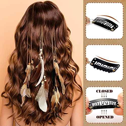 Geyoga 12 Pcs Feather Hair Clip Boho Hair Extensions with Feather Clip Comb Hippie DIY Accessories Hairpin Tribal Braided Beads Headdress for Women(Brown, Dark Brown,Stylish)
