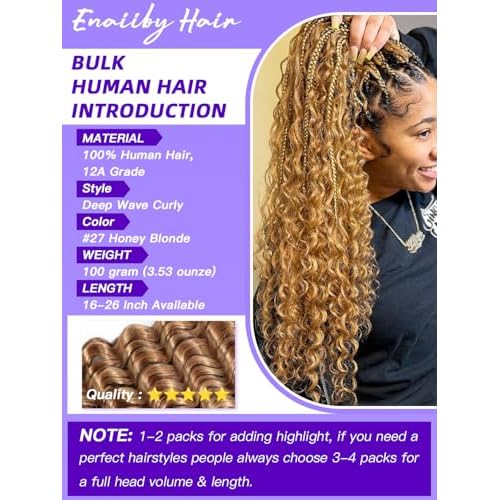 Blonde Bundle Human Hair Color 27 Deep Wave Bundles 100g 24 Inch, Boho Braiding Hair 27 Blonde Hair Bulk Curly for Braids, 12A No Weft 100% Unprocessed Brazilian Virgin Hair