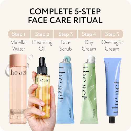 THE ACT 5-Step Face Care Set ? Gift Set for Her Women Mom Wife Girlfriend ? Micellar Water Cleansing Oil Face Scrub Day Cream Overnight Cream ? Luxury Beauty Set - Birthday, Christmas , Vegan