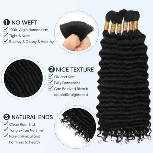 Human Braiding Hair for Boho Braids,150g 20 inch 6 Bundles Deep water Wave Bulk Boho Curly Human Hair for Braiding,Natural Color No Weft 12A Wet and Wavy Human Knotless Braiding Hair Extensions