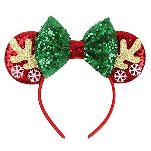 LSHDXD Christmas Glod Reindeer Antlers Mouse Ears Bow Headband Hair Hoop for Women, Glitter Elk Antlers Hair bands Hair Accessories Headdress for Christmas Party Supplies Hot Pink Princess Dress Up