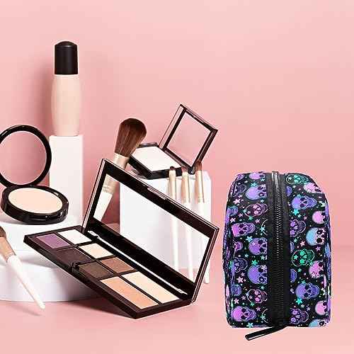 MNSRUU Small Cosmetic Bag for Girl Women Travel, Stars Purple Skulls Makeup Toiletry Organizer Bags with Compartments